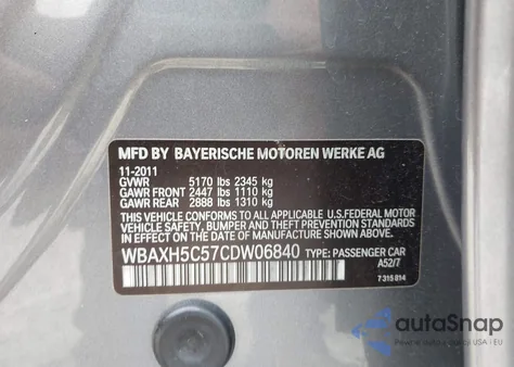 2012 BMW 528I xDrive from USA, damaged, VIN WBAXH5C57CDW06840